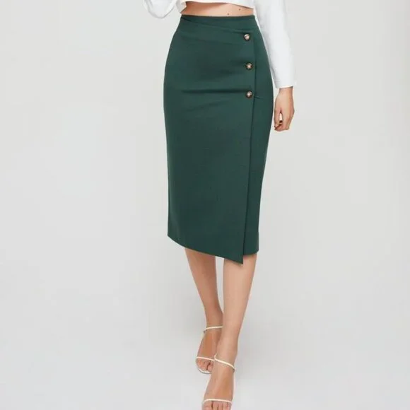 Aritzia Babaton Billy Button Midi Pencil Skirt Dark Green Size 4 - Picture 2 of 6